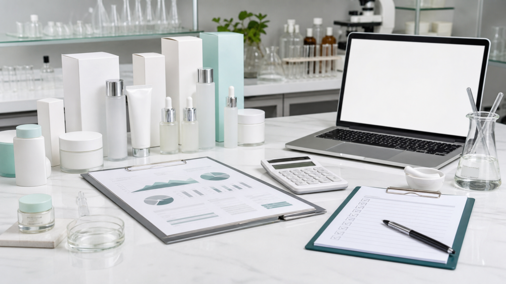 How to Compare Cosmetic Manufacturing Quotes Cosmetic manufacturing quote comparison with unbranded skincare packaging samples, blank quotation sheets, calculator and lab QC tools