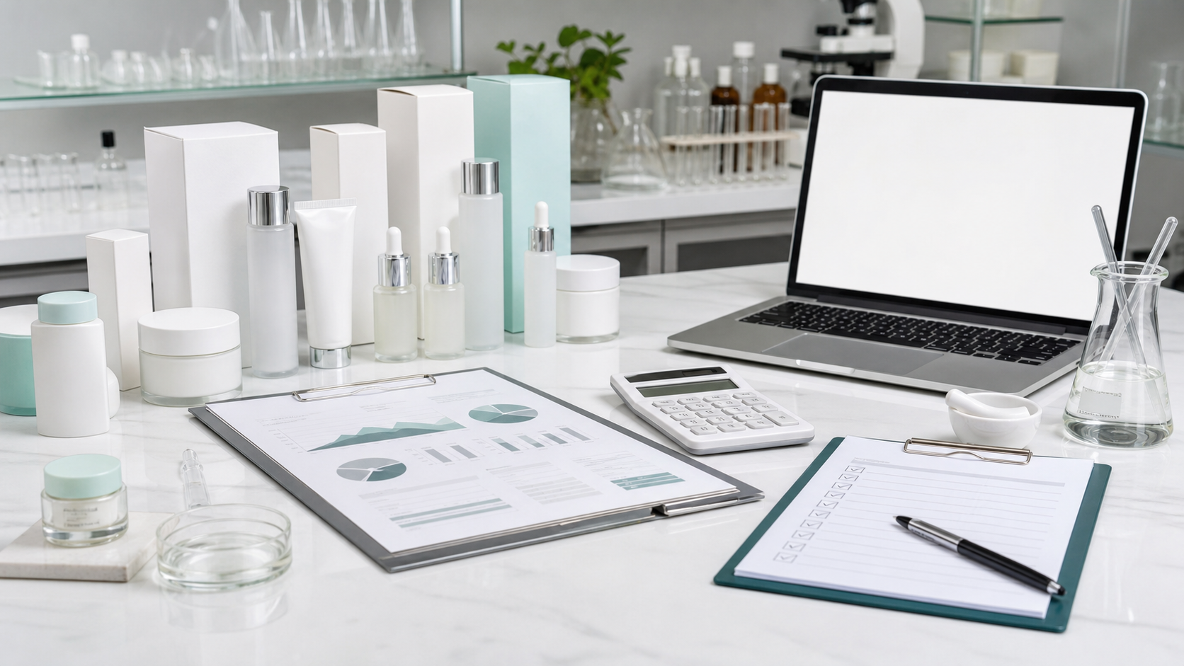 How to Compare Cosmetic Manufacturing Quotes Cosmetic manufacturing quote comparison with unbranded skincare packaging samples, blank quotation sheets, calculator and lab QC tools