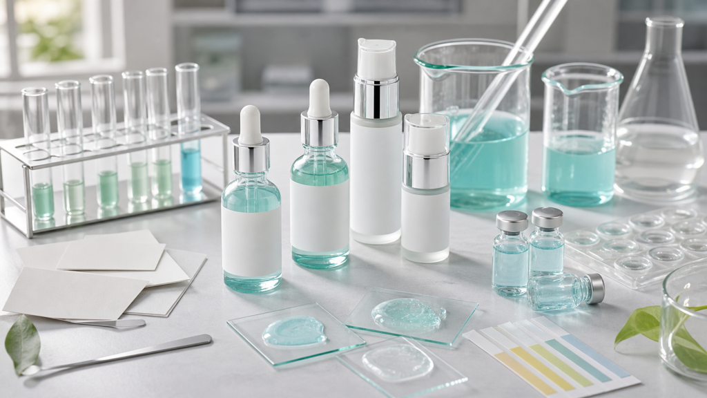 Copper Peptide Serum OEM/ODM Guide for Brands Copper peptide serum OEM ODM development with unbranded serum bottles, blue green lab samples, stability tubes and cosmetic formulation tools