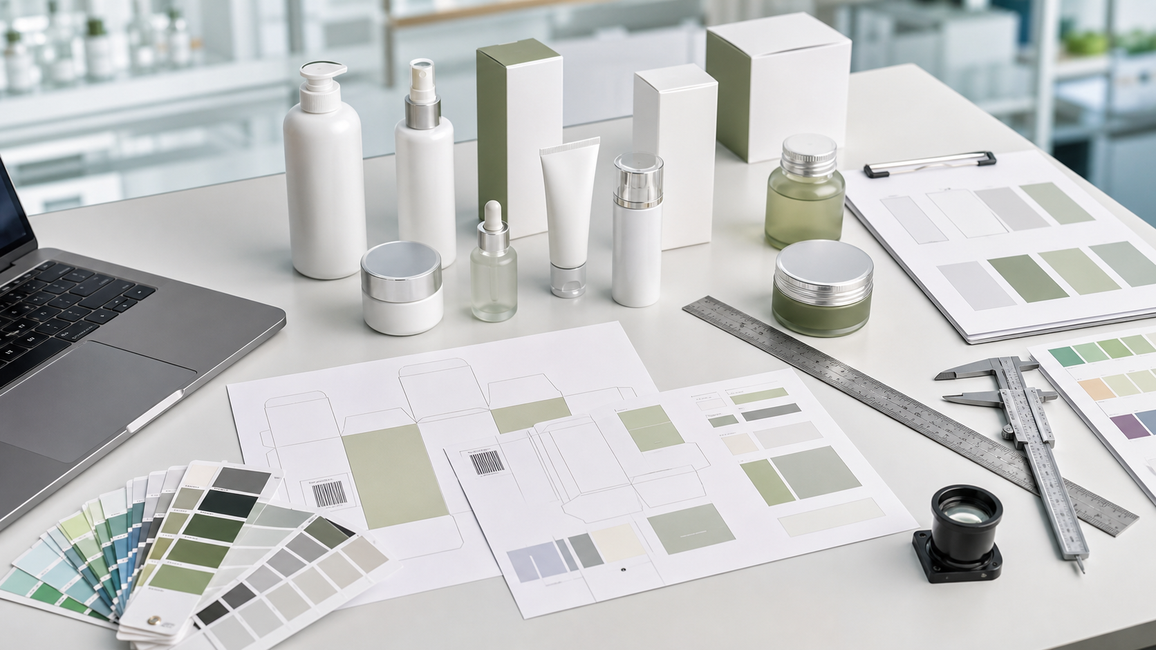Cosmetic Artwork Checklist Before Mass Production Cosmetic artwork checklist desk with unbranded skincare packaging dielines color swatches proof sheets bottles cartons and quality tools