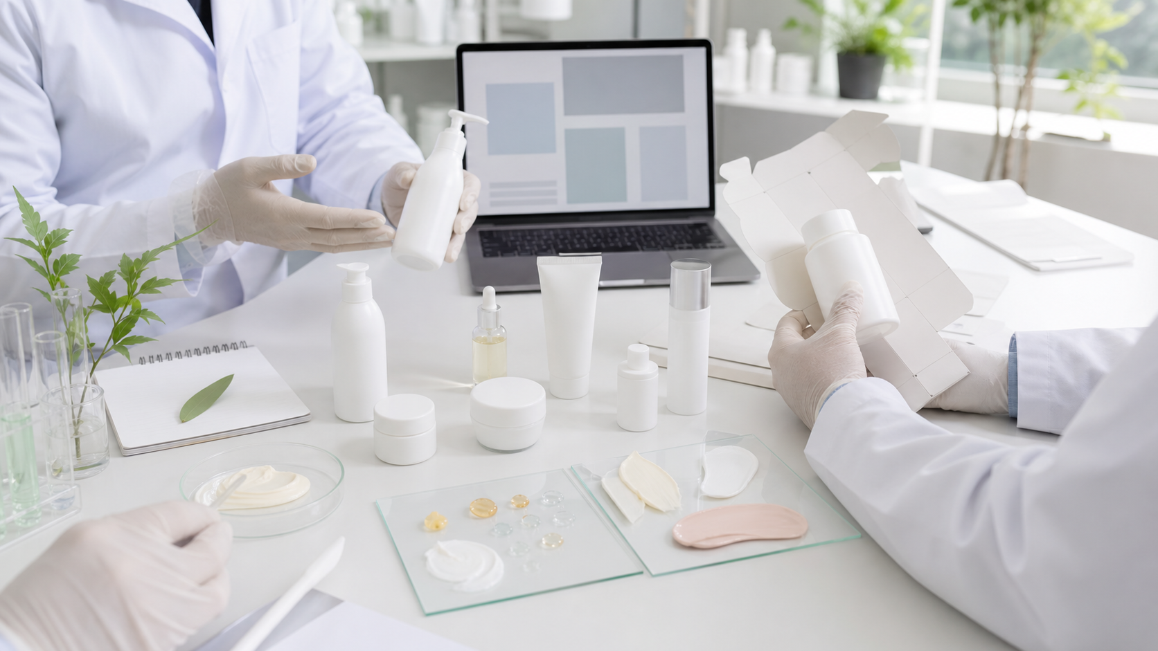 Cosmetic Claims Language: How Brands Should Communicate Product Benefits Safely Cosmetic claims language review with blank skincare packaging lab samples and product development consultation