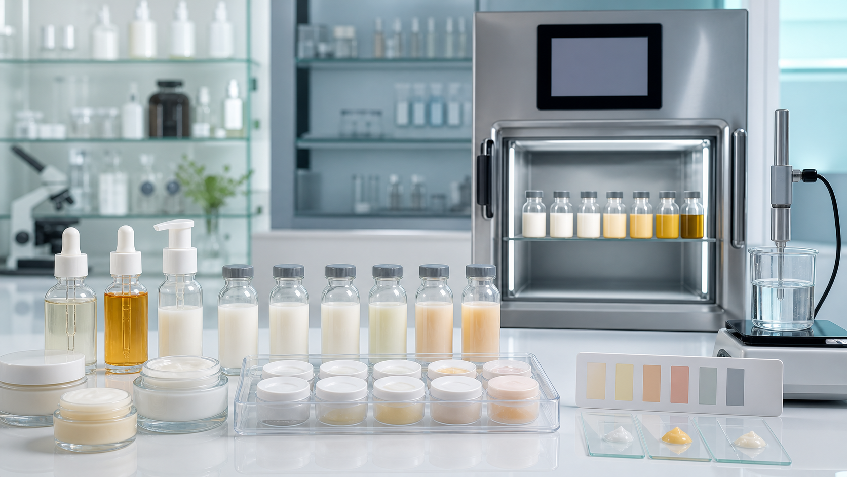 How to Ensure Formula Stability in Cosmetic Manufacturing Cosmetic formula stability testing for OEM ODM manufacturing with unbranded skincare samples, stability chamber and lab equipment
