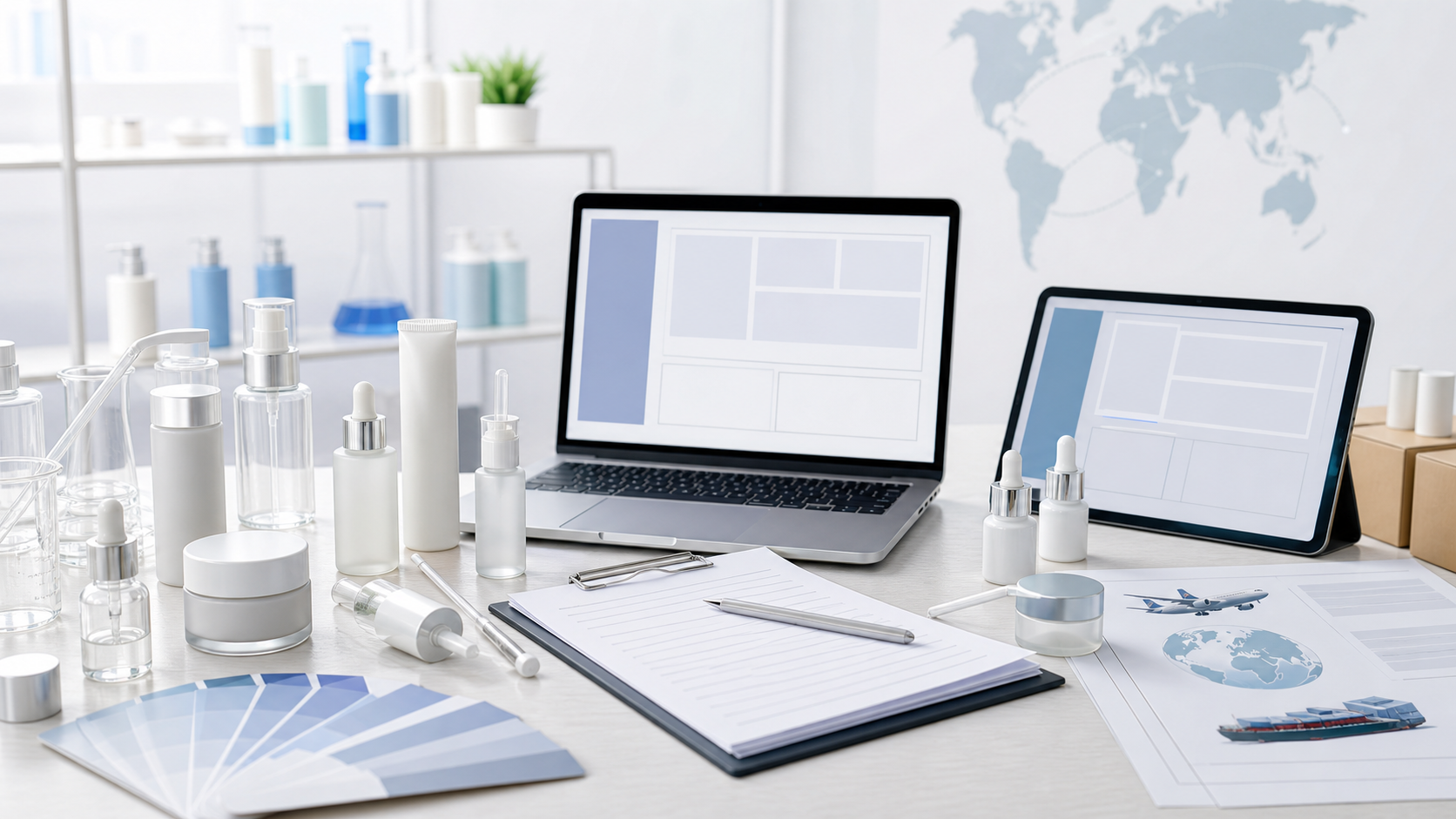 Cosmetic Manufacturing Email Templates for International Buyers Cosmetic manufacturing email templates planning desk with unbranded skincare packaging samples laptop blank documents and lab tools