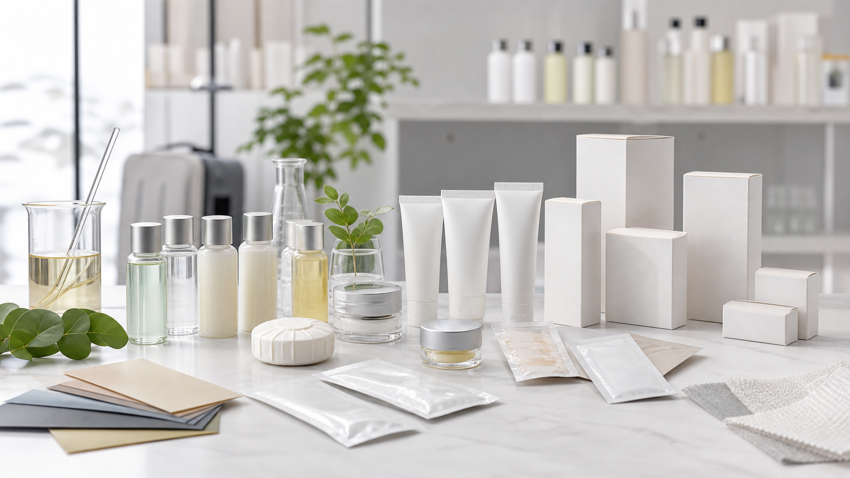 Cosmetic Manufacturing for Hotel Amenities and Travel Retail Brands Unbranded hotel amenity and travel retail skincare samples for cosmetic OEM ODM manufacturing review