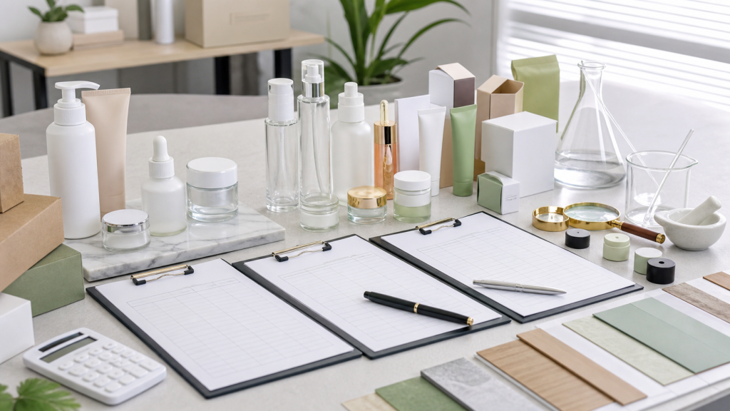 Comparación de precios de fábricación cosmética con envases de skincare sin marca, hojas de cotización, cristalería de laboratorio y herramientas de control de calidad