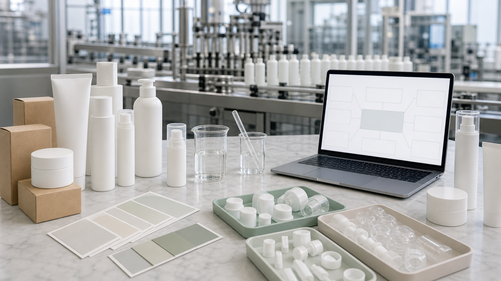 Cosmetic manufacturing roles with blank skincare packaging lab samples laptop workflow blocks and factory productoion background