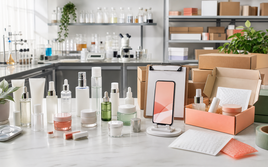 Cosmetic Manufacturing for TikTok Shop Beauty Sellers Unbranded skincare products creator sample mailers blank cartons and quality control workspace for TikTok Shop beauty seller manufacturing