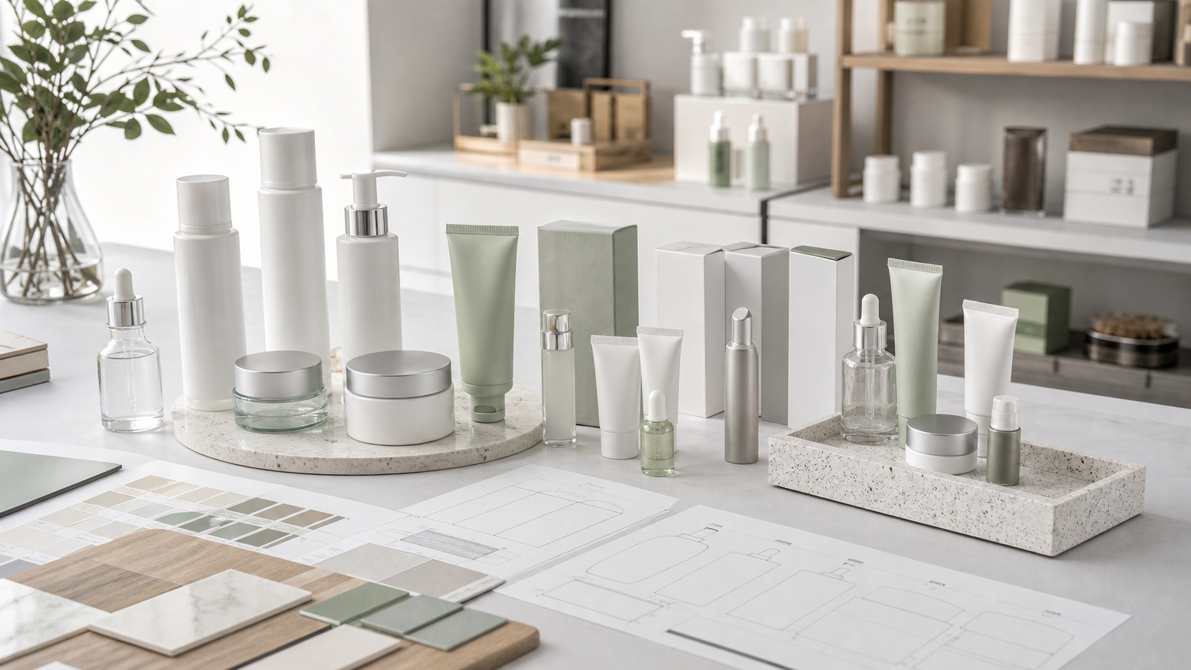 Unbranded boutique retail skincare assortment with blank packaging samples for cosmetic OEM ODM product development