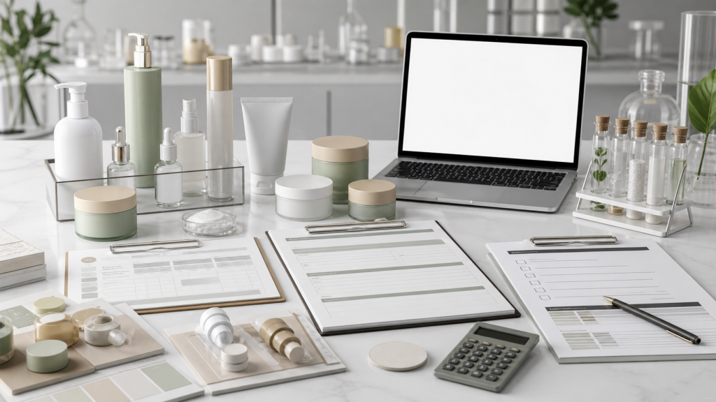 What Information Is Needed for a Cosmetic OEM Quotation? Cosmetic OEM quotation preparation with blank skincare packaging samples, formula documents, calculator and quality checklist in a lab office