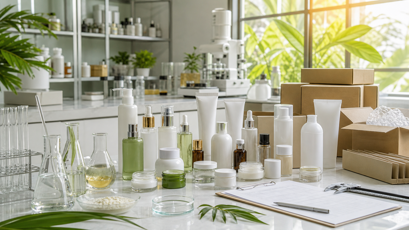 Cosmetic OEM Manufacturing for Southeast Asian Beauty Brands Unbranded skincare samples packaging components lab beakers and quality control workspace for Southeast Asian beauty brands planning cosmetic OEM manufacturing
