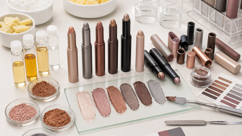 Cream Eyeshadow Stick OEM/ODM Guide for Brands Cream eyeshadow stick OEM ODM development with unbranded twist-up pencils, shimmer and matte swatches, eye-safe pigment samples and cosmetic lab tools