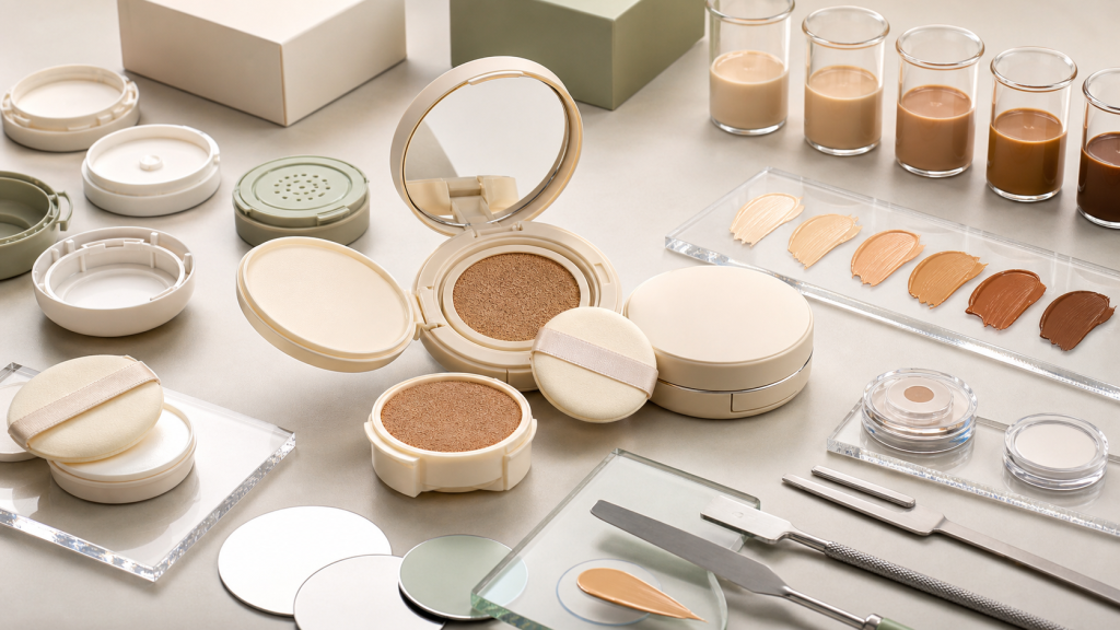 Cushion Foundation Refill OEM/ODM Guide for Brands Cushion foundation refill OEM ODM development with unbranded compact cases, refill cartridges, cushion sponge, shade swatches, puffs and QC tools