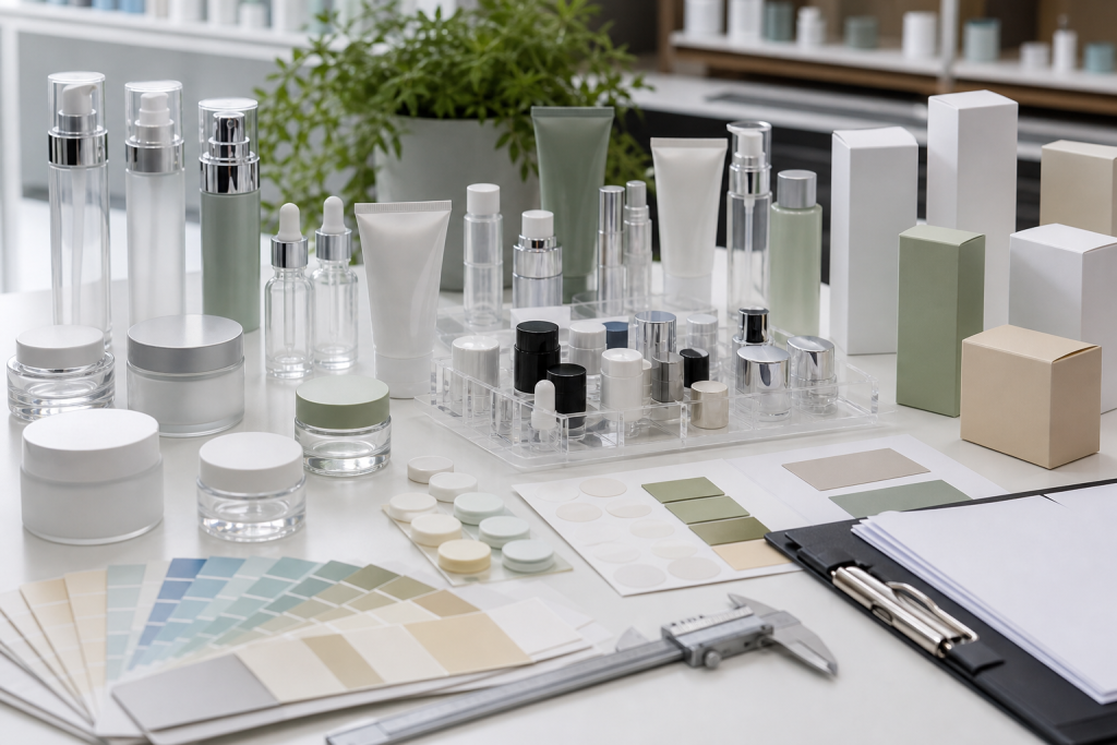 Custom Cosmetic Packaging Guide for Beauty Brands Custom cosmetic packaging sourcing with unbranded bottles jars tubes droppers cartons material swatches component trays calipers and blank approval documents