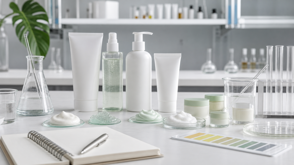 How to Create a Custom Facial Cleanser for Your Skincare Brand Custom facial cleanser development with unbranded cleanser packaging lab samples texture swatches and quality control tools