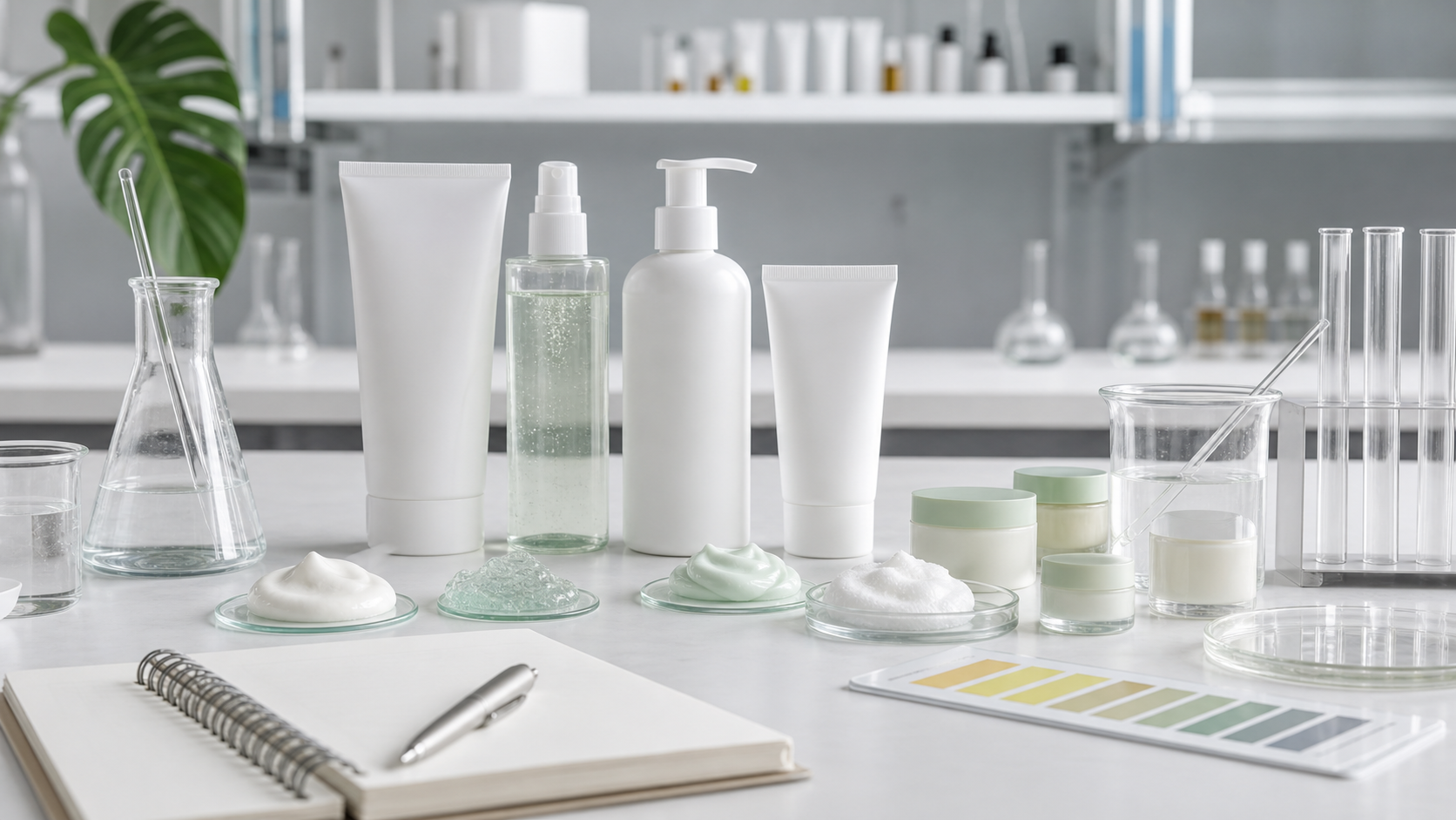 Custom facial cleanser development with unbranded cleanser packaging lab samples texture swatches and quality control tools