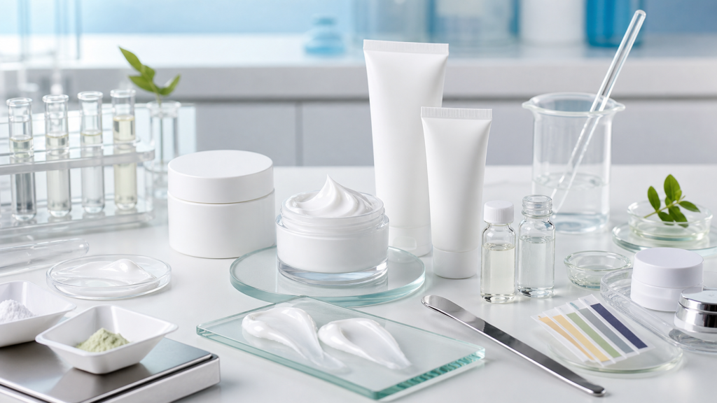 Ectoin Barrier Cream OEM/ODM Guide for Brands Ectoin barrier cream OEM ODM development with unbranded jars and tubes, cream swatches, ingredient vials and cosmetic lab tools
