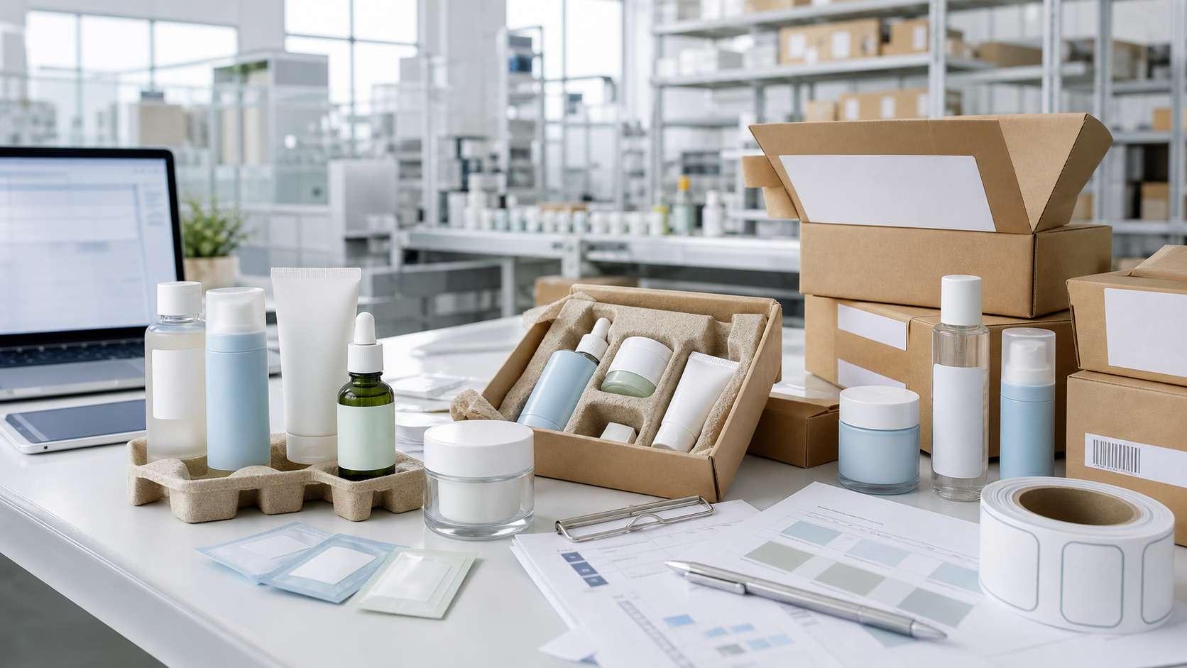 Export-Ready Cosmetics for Cross-Border E-commerce Brands Export-ready cosmetics for cross-border e-commerce with unbranded skincare packaging shipping cartons samples QC documents and fulfillment planning workspace