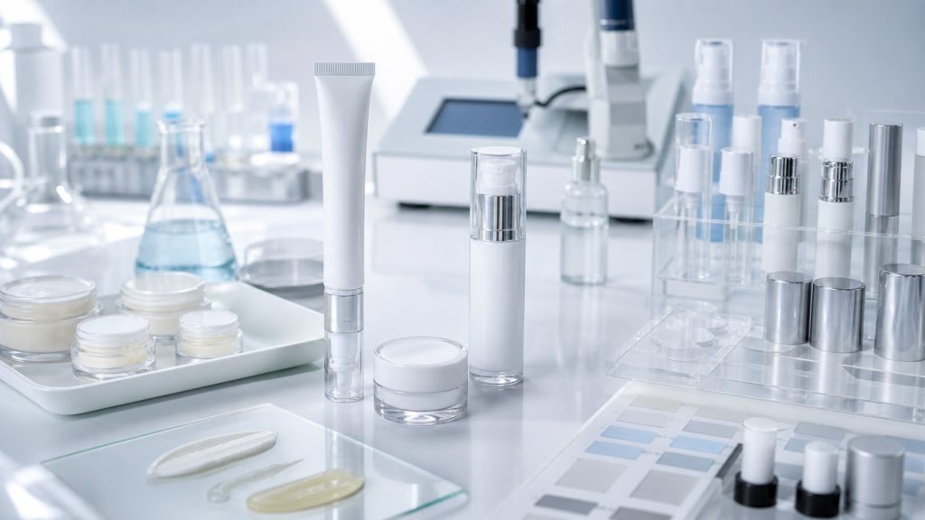 Eye Cream Manufacturing Guide for Skincare Brands Eye cream product development with unbranded airless tubes, cream samples, packaging components and cosmetic lab equipment