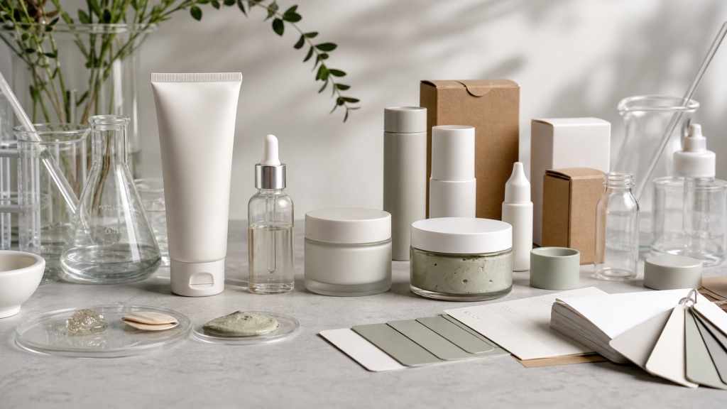 How to Choose Products for Your First Private Label Skincare Line First private label skincare line planning with unbranded cleanser, serum, moisturizer, mask, packaging samples and lab tools