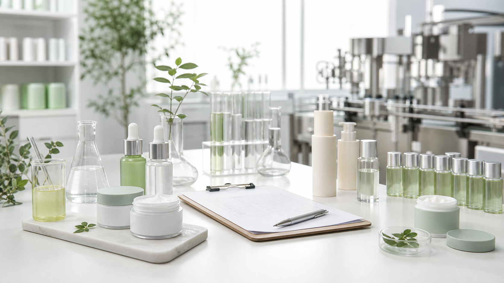 De l'échantillon à la production de masse : fabrication cosmétique Processus de fabrication cosmétique de la validation d'échantillon laboratoire à la production en vrac avec packaging skincare sans marque et outils de contrôle qualité