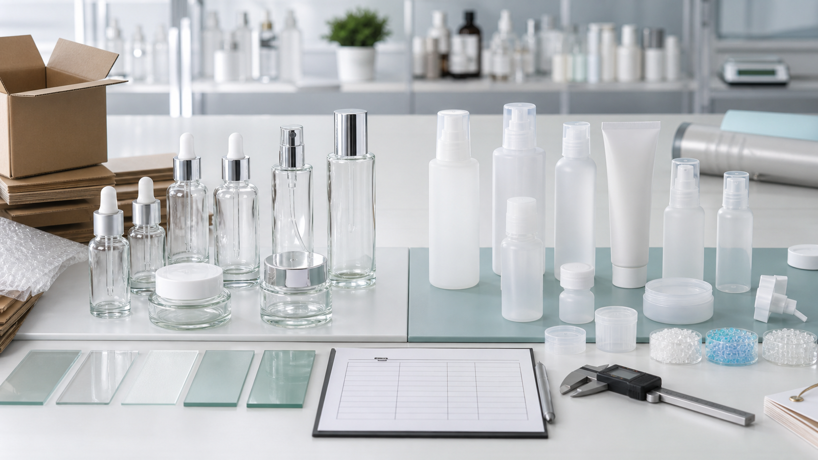 Glass vs Plastic Bottles for Skincare Products Glass versus plastic skincare bottles comparison with unbranded serum bottles pumps tubes jars shipping cartons material samples and QC tools