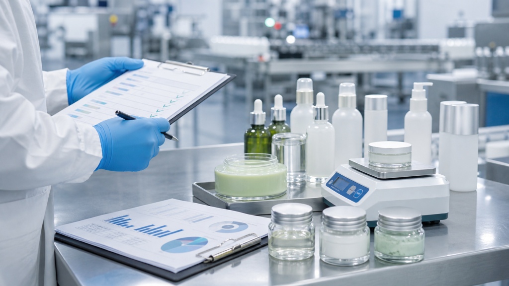 Why GMP and ISO Standards Matter in Cosmetic Production GMP and ISO cosmetic production quality control with unbranded skincare samples lab bench inspection documents and production equipment