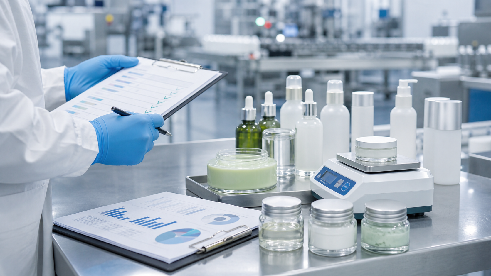 Why GMP and ISO Standards Matter in Cosmetic Production GMP and ISO cosmetic production quality control with unbranded skincare samples lab bench inspection documents and production equipment