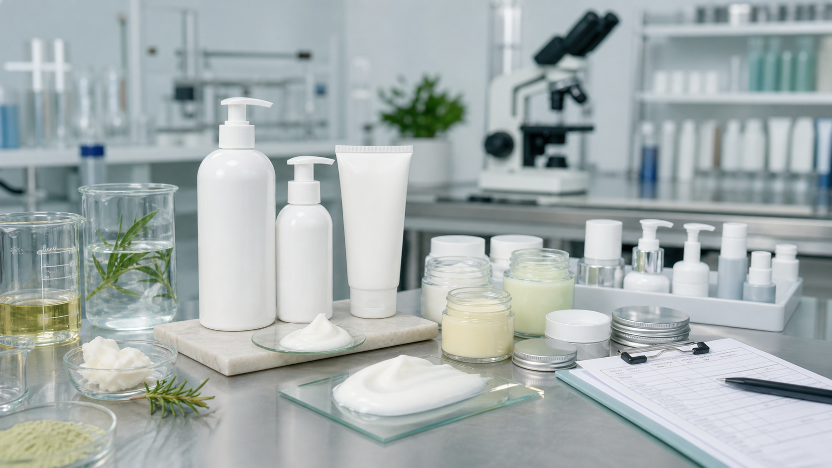 How to Create a Hair Conditioner with a Manufacturer Hair conditioner manufacturing development with unbranded conditioner bottles, tubes, creamy samples, ingredient beakers, packaging components and QC tools
