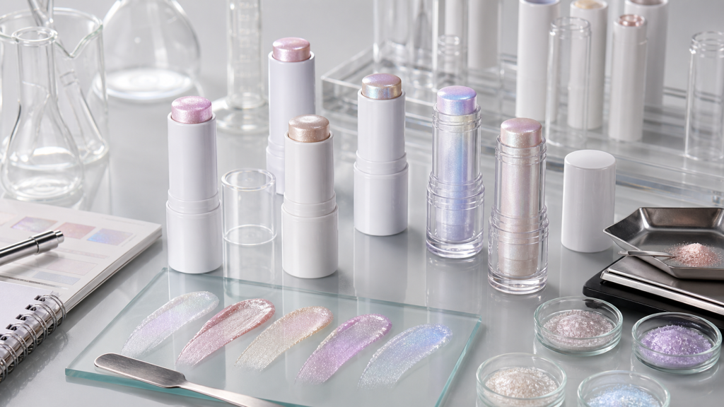 Holographic Highlighter Stick OEM/ODM Guide for Brands Holographic highlighter stick OEM ODM development with unbranded tubes, iridescent cream swatches, pearl powders and cosmetic lab tools