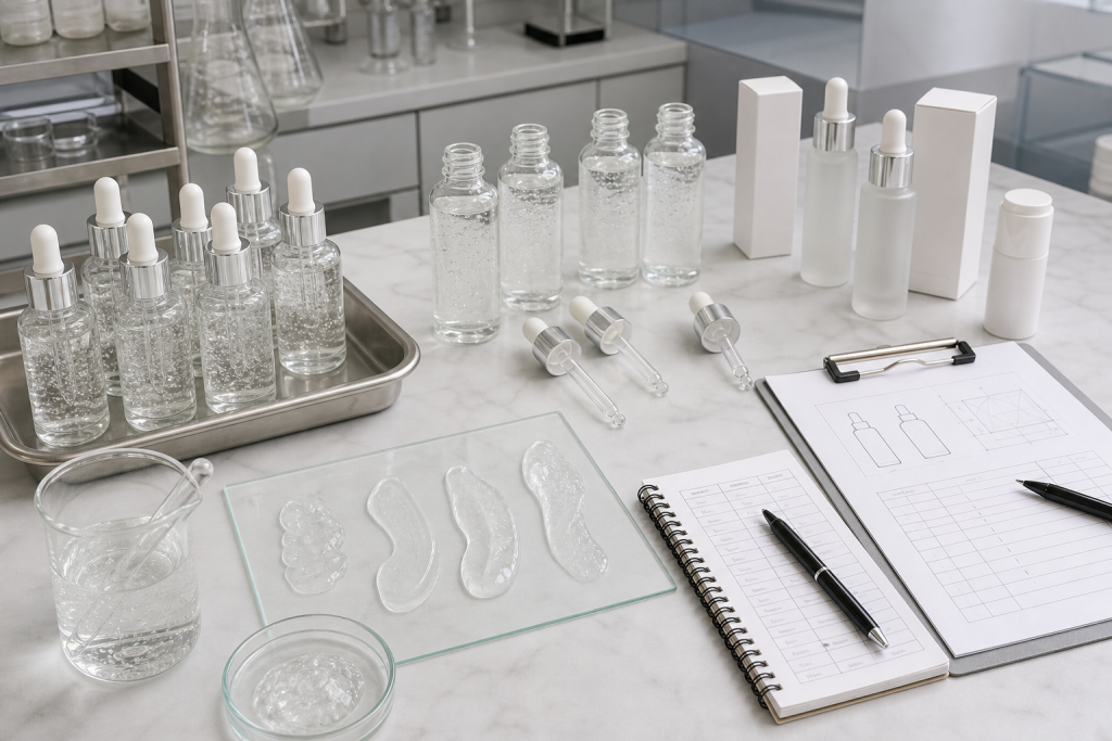 Hyaluronic Acid Serum Manufacturing Guide for Brands Hyaluronic acid serum OEM ODM development with unbranded clear dropper bottles gel texture samples packaging components and cosmetic lab planning tools