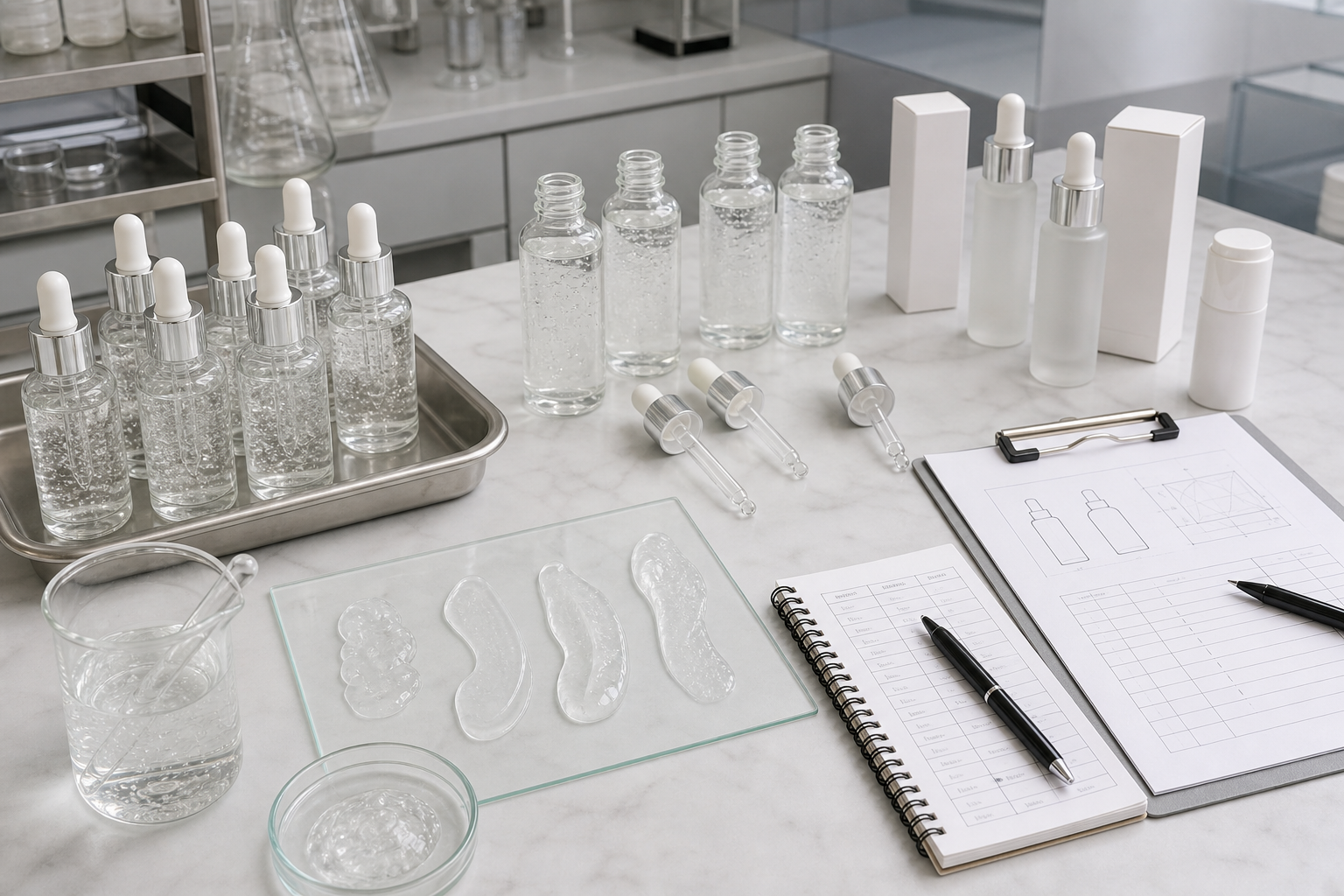 Hyaluronic acid serum OEM ODM development with unbranded clear dropper bottles gel texture samples packaging components and cosmetic lab planning tools