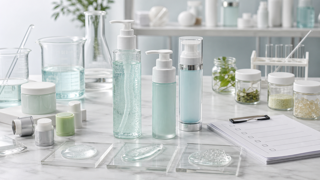 Hydrating Body Serum OEM/ODM Guide for Brands Hydrating body serum OEM ODM development with unbranded pump bottles, gel serum texture swatches, beakers, ingredient jars and QC checklist