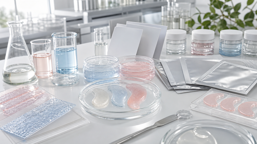Hydrogel Eye Patches OEM/ODM Guide for Brands Hydrogel eye patches OEM ODM development with unbranded under-eye patches, serum jars, gel sheets, pouch samples and cosmetic lab tools