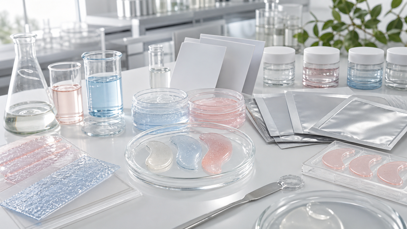 Hydrogel Eye Patches OEM/ODM Guide for Brands Hydrogel eye patches OEM ODM development with unbranded under-eye patches, serum jars, gel sheets, pouch samples and cosmetic lab tools