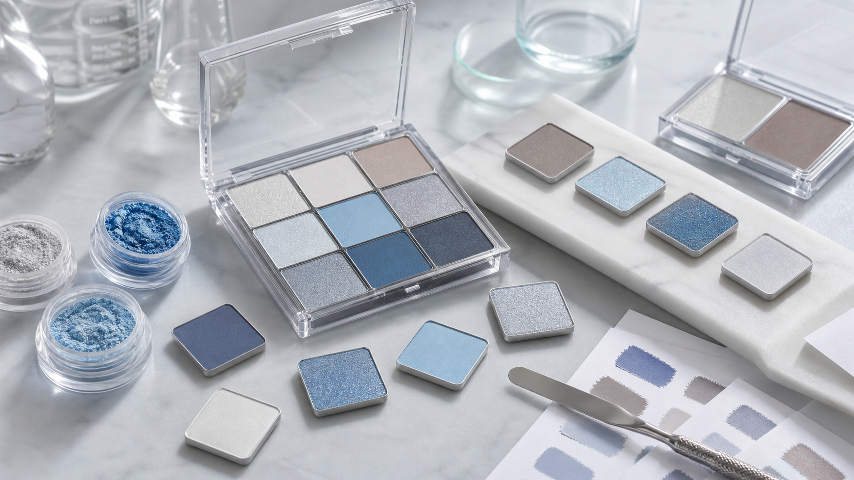 Icy Blue Eyeshadow OEM/ODM Guide for Beauty Brands Icy blue eyeshadow OEM ODM development with unbranded sample pans, pearl pigments, shade cards and cosmetic lab tools