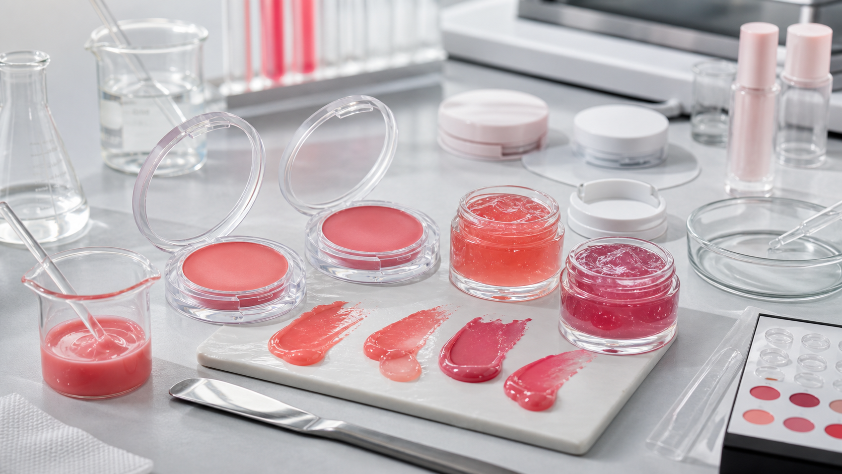 Jelly blush OEM ODM development with unbranded gel blush jars, compact samples, color swatches and cosmetic lab tools
