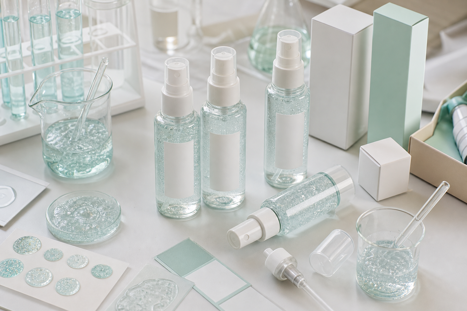 Jelly Serum Mist OEM/ODM Guide for Beauty Brands Jelly serum mist OEM ODM development with unbranded fine mist bottles, micro gel serum samples, pump components and cosmetic lab packaging