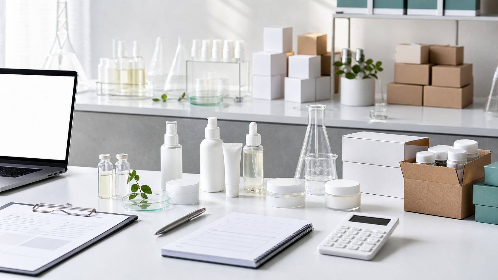 How to Launch a Beauty Brand Without Inventory Risk Low inventory beauty brand launch planning with blank skincare packaging, lab samples, small cartons and OEM ODM sourcing documents