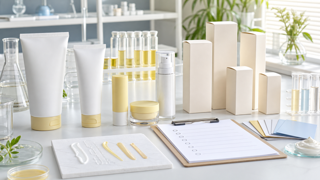 Launching Sunscreen Products: What Brands Should Know Sunscreen product launch planning with unbranded sunscreen tubes, airless packaging, formula swatches, stability samples, blank cartons and QC checklist