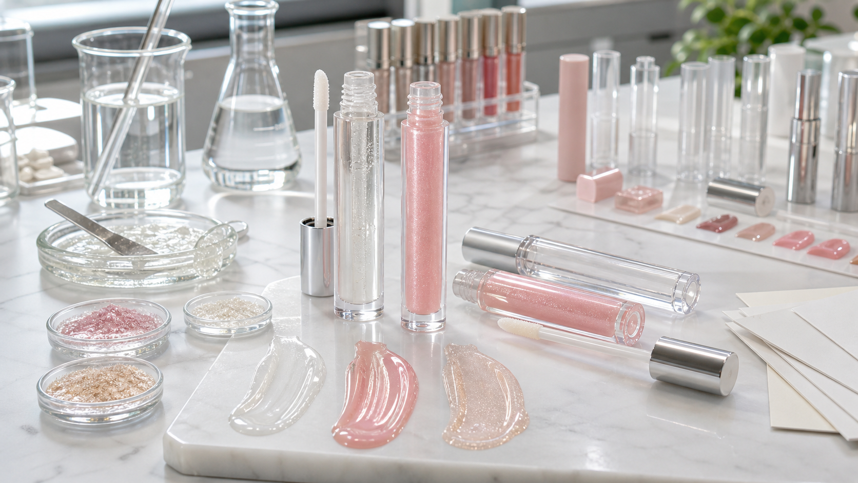 Lip Plumper Gloss OEM/ODM Guide for Beauty Brands Lip plumper gloss OEM ODM development with unbranded clear and pink gloss tubes, shine swatches, gel base, pigments and cosmetic lab tools