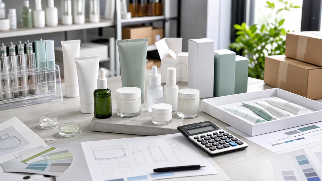 Low MOQ Private Label Skincare: Pros, Cons, and Tips Low MOQ private label skincare planning with unbranded skincare samples packaging cartons calculator and sourcing documents