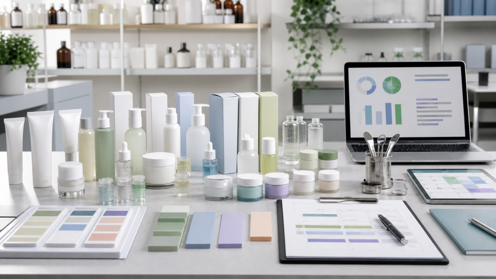 How to Manage Multiple SKUs in One Cosmetic Manufacturing Project Organized cosmetic OEM ODM multi-SKU project desk with unbranded skincare samples packaging cartons batch records and quality control tools