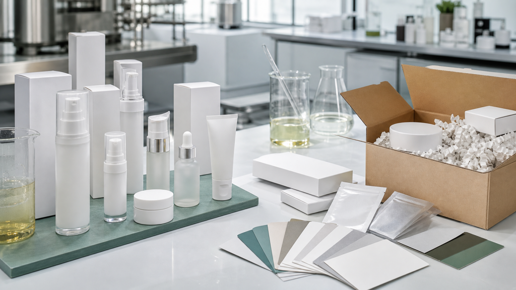 Manufacturing Support for Crowdfunded Beauty Products Unbranded skincare packaging samples lab beakers blank cartons and shipping box for crowdfunded beauty product manufacturing support
