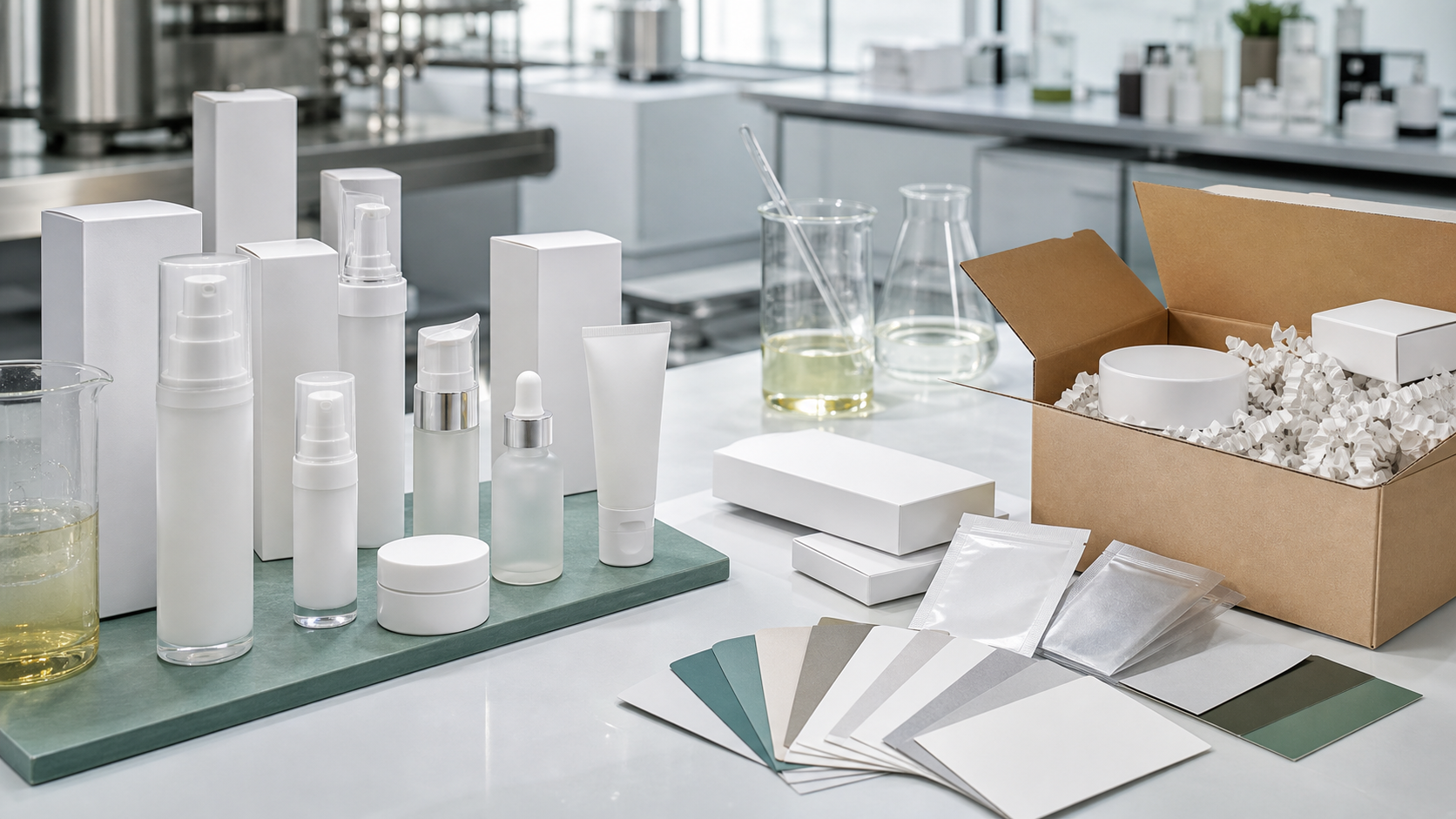 Unbranded skincare packaging samples lab beakers blank cartons and shipping box for crowdfunded beauty product manufacturing support