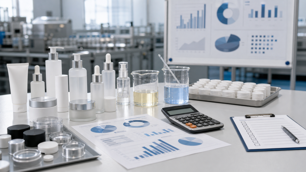 How MOQ Affects Cosmetic Manufacturing Cost Cosmetic manufacturing MOQ cost planning with unbranded skincare packaging, lab samples, calculator and quality checklist