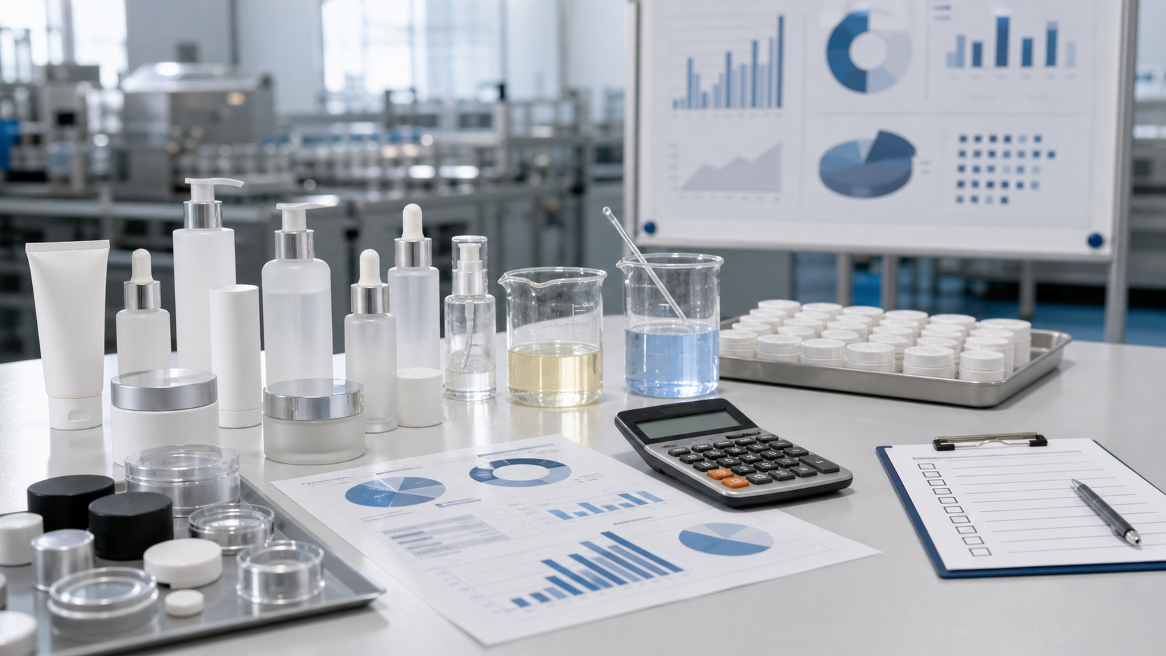 How MOQ Affects Cosmetic Manufacturing Cost Cosmetic manufacturing MOQ cost planning with unbranded skincare packaging, lab samples, calculator and quality checklist