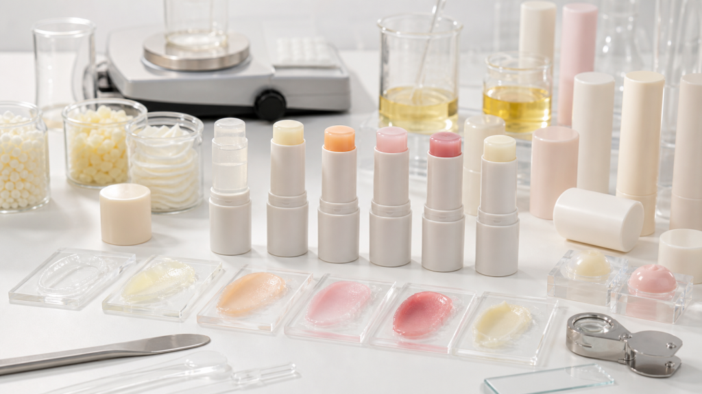 Multi Balm Stick OEM/ODM Guide for Beauty Brands Multi balm stick OEM ODM development with unbranded twist-up balm sticks, balm texture swatches, wax samples, beakers and packaging components