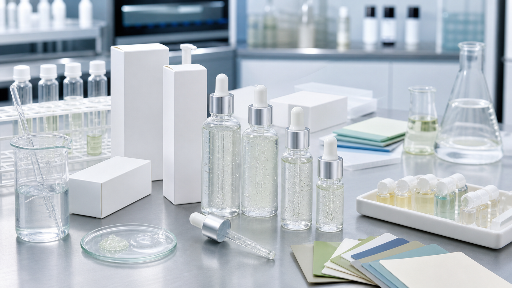 Cómo crear un sérum de niacinamida para marcas de marca privada Desarrollo OEM ODM de sérum de niacinamida de marca privada con frascos gotero sin marca, cajas blancas, muestras de sérum y herramientas de laboratorio cosmético