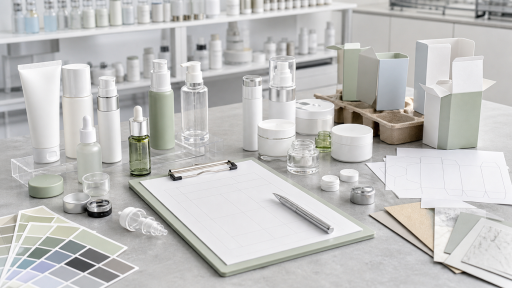 Packaging Brief Template for Private Label Skincare Packaging brief template for private label skincare with unbranded bottles jars caps dielines color swatches and cosmetic packaging samples