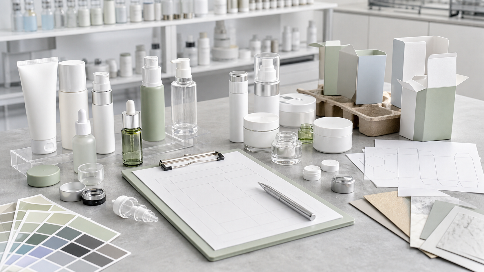 Packaging Brief Template for Private Label Skincare Packaging brief template for private label skincare with unbranded bottles jars caps dielines color swatches and cosmetic packaging samples